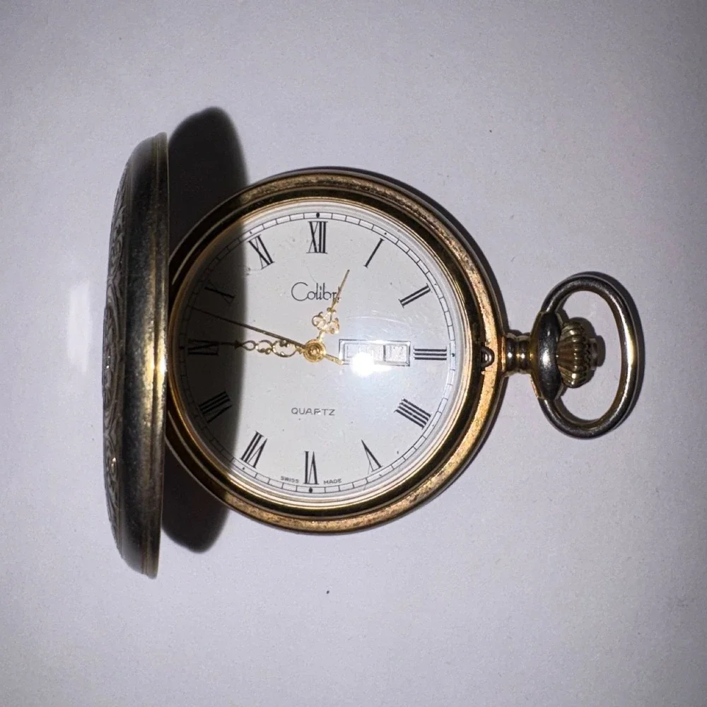 Colibri Vintage Pocket Watch TwoTone Hunter Case Swiss Quartz Day Date Roman Num